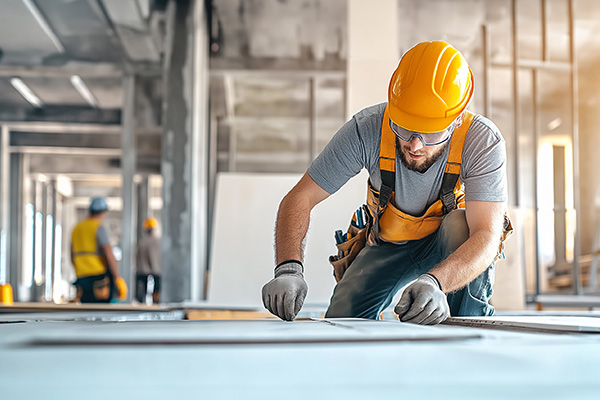 handwerker schneidet etwas für den trockenbau
